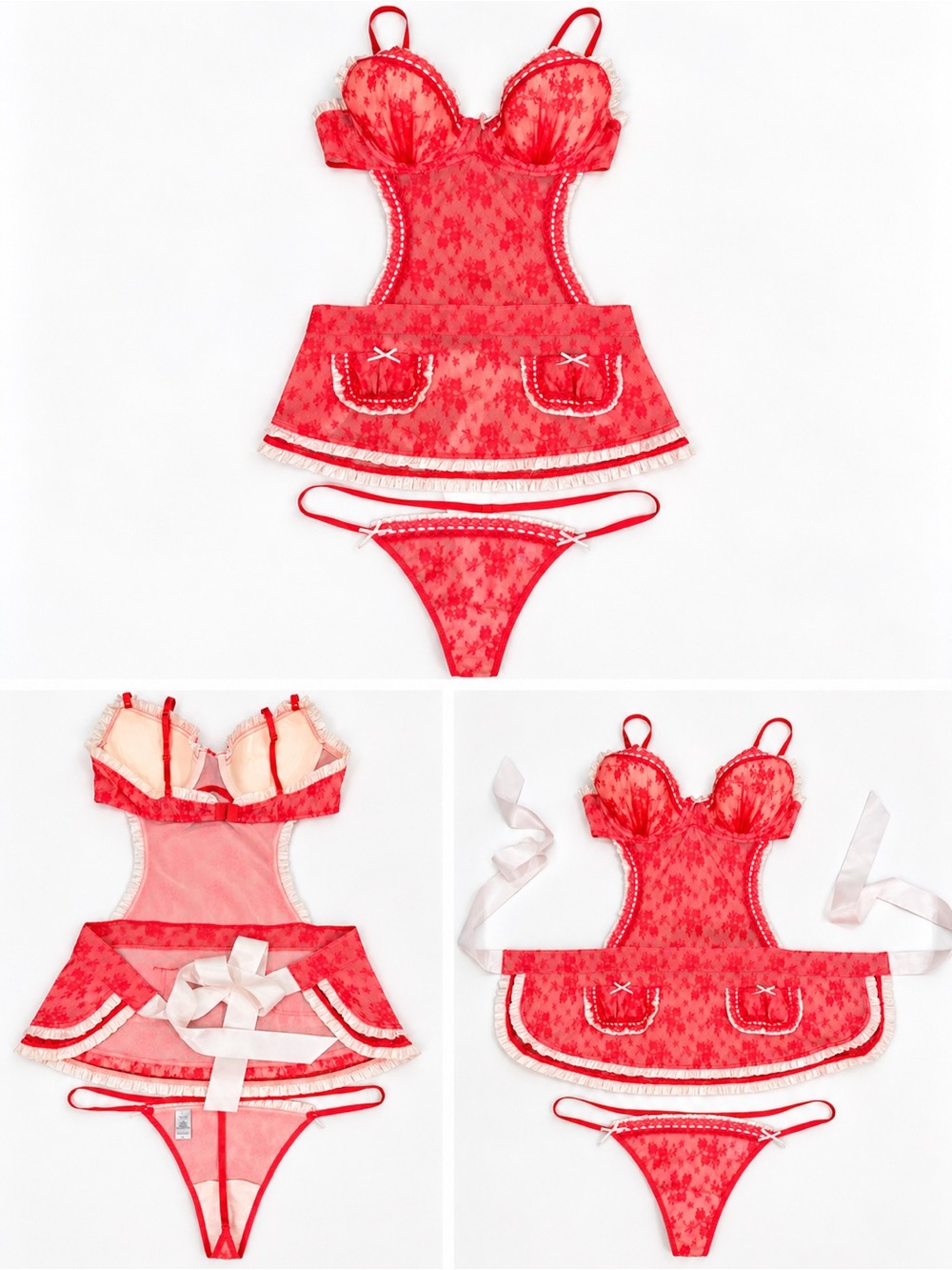 Victoria’s Secret Red Lace Apron Lingerie Set Thong Size 36B M/L